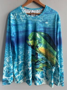 Spicy Tuna Performance Fishing Shirt Men's 2XL Long Sleeve Mahi Mahi Dorado Blue